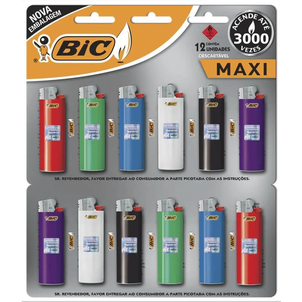 ISQUEIRO DESCARTAVEL BIC MAXI A GAS CARTELA C/12UND