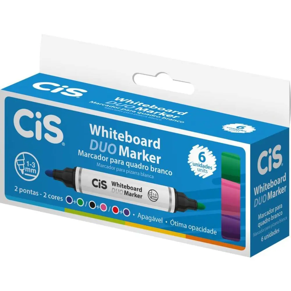 PINCEL QUADRO BRANCO CIS DUO MARKER 2PONTAS/2CORES - CAIXA C/ 6