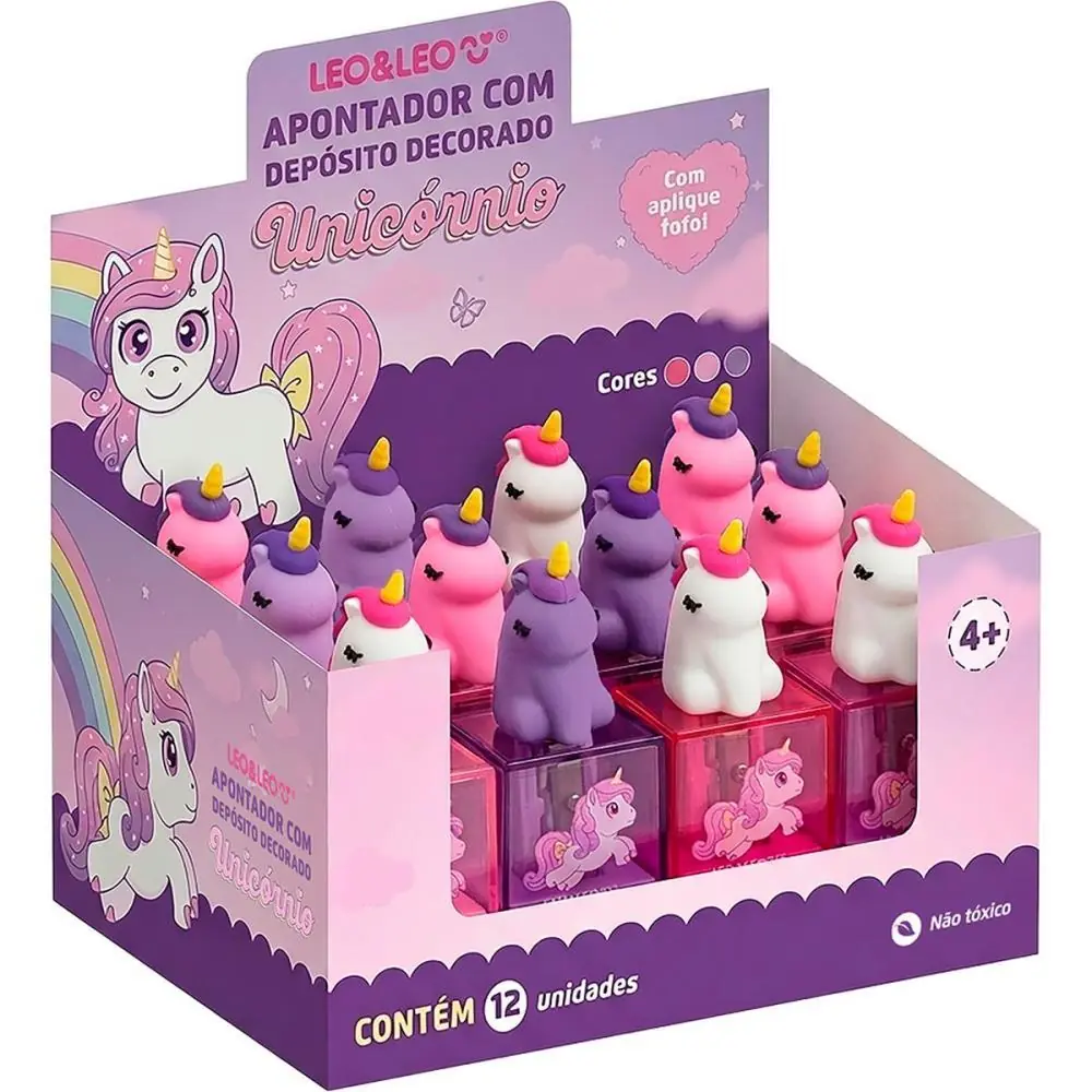 APONTADOR COM DEPOSITO UNICORNIO APLIQUE 3D 3 MODELOS - DISPLAY C/ 12 — foto 1 de 2